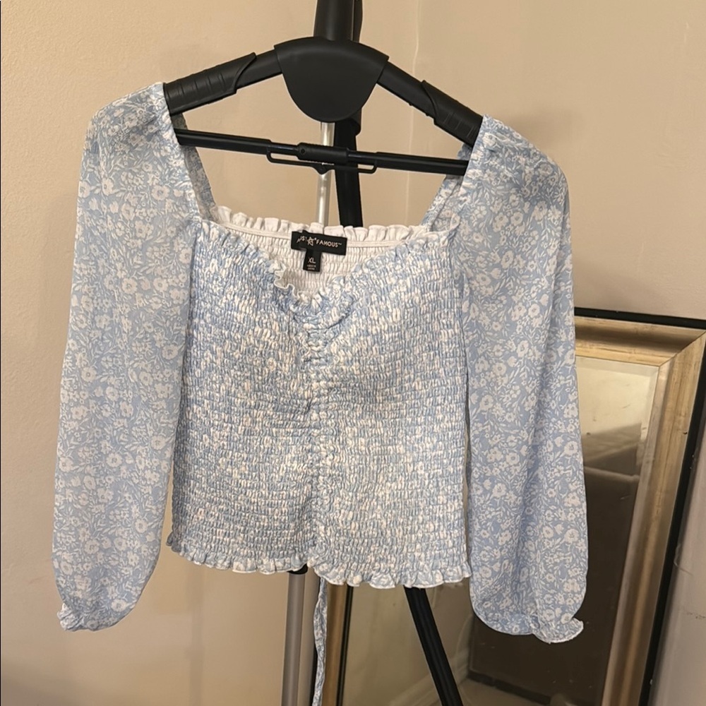 Almost Famous Blue and Silver Puff Sleeve Crop Blouse